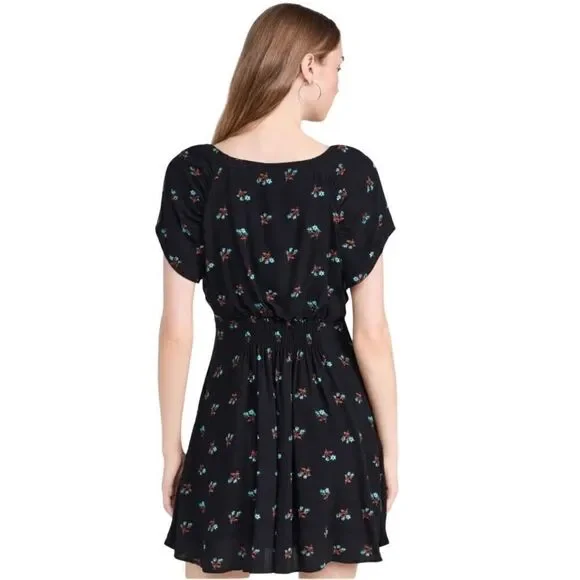 NWT Free People Everyone's Favorite Mini Dress S Black Floral Tie Front Boho - Picture 3 of 8
